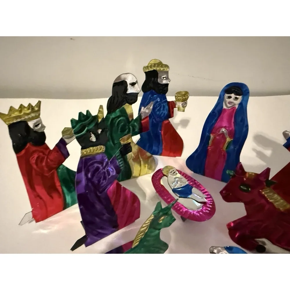 Vtg Punched Tin Metal Colorful Nativity Christmas Set Mexican Folk Art